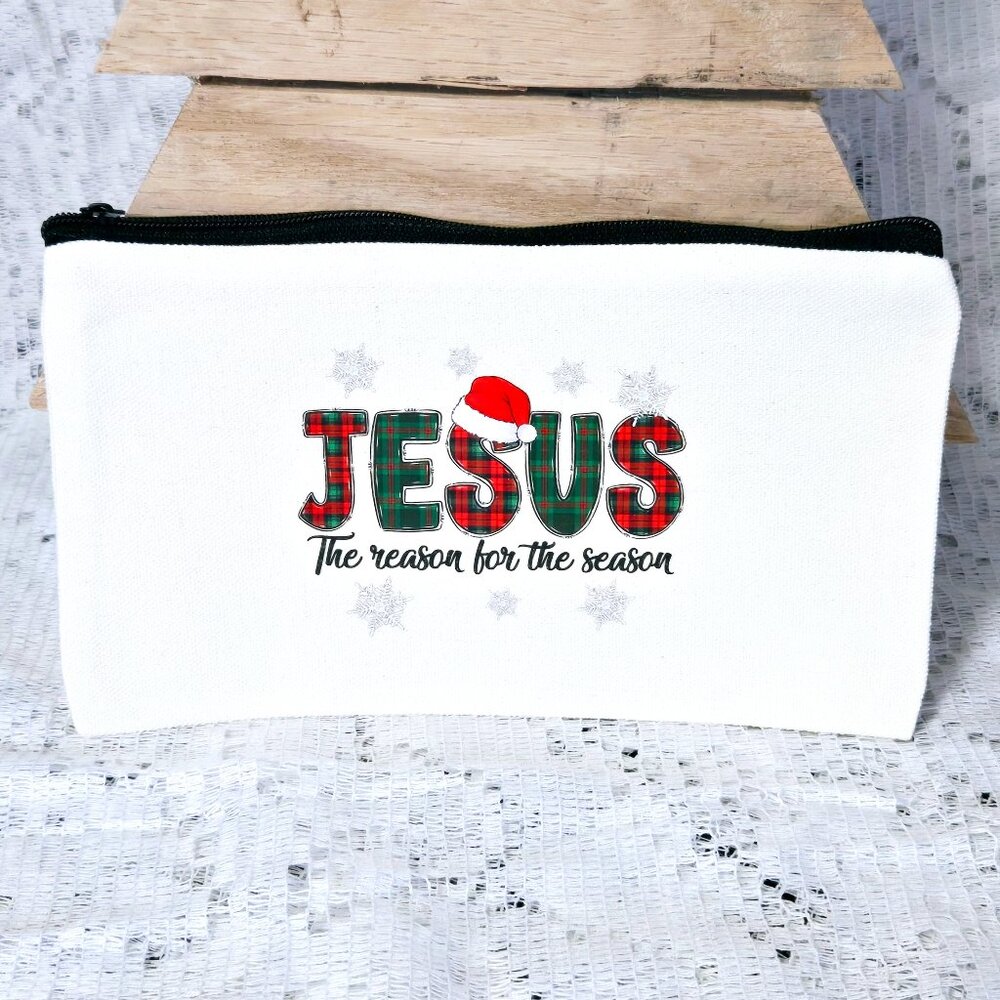 NEW SMALL CANVAS ZIPPER POUCH, COSMETIC BAG, JESUS THE REASON FOR THE SEASON 8"